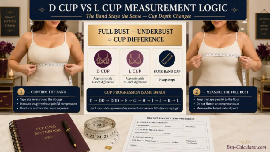 D Cup vs L Cup measurement diagram showing bust minus underbust cup depth difference