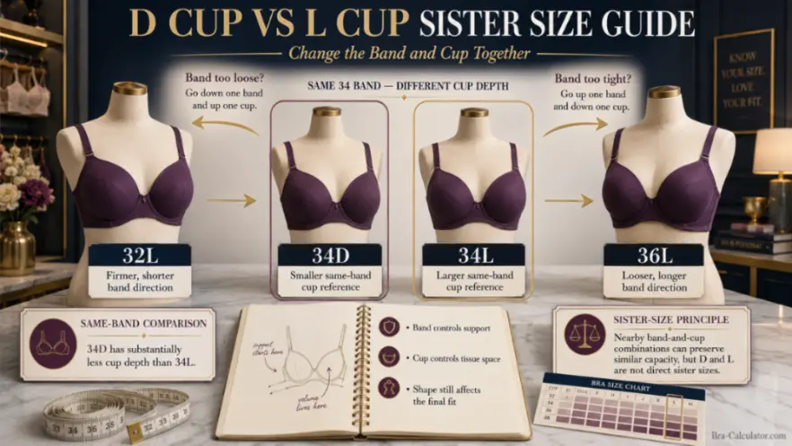 D Cup vs L Cup sister size ladder showing band and cup adjustments