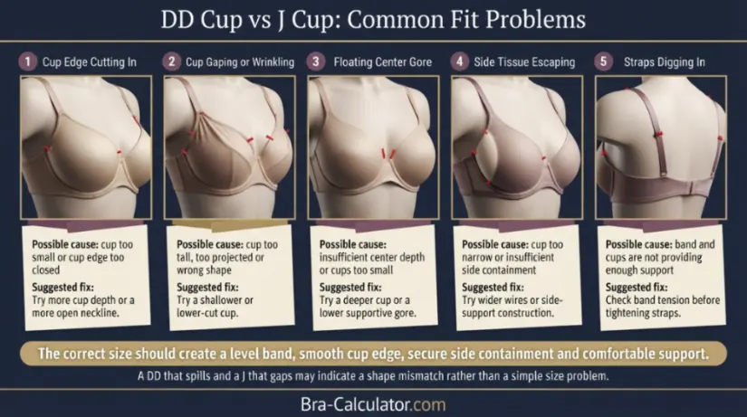DD Cup vs J Cup fit problem diagram showing gaping spillage floating gore side tissue and strap pressure