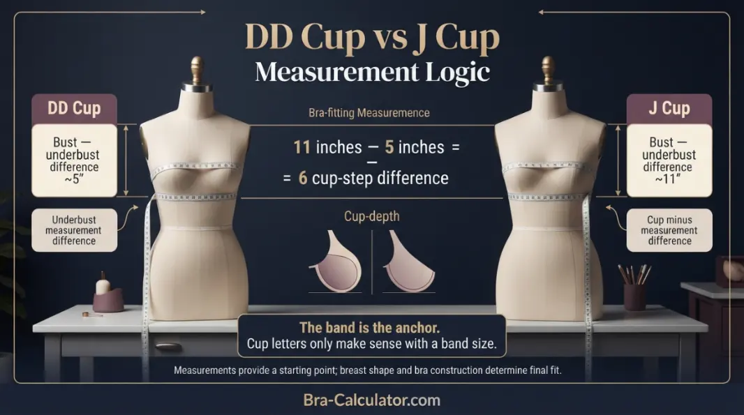 DD Cup vs J Cup measurement diagram showing bust minus underbust cup depth difference