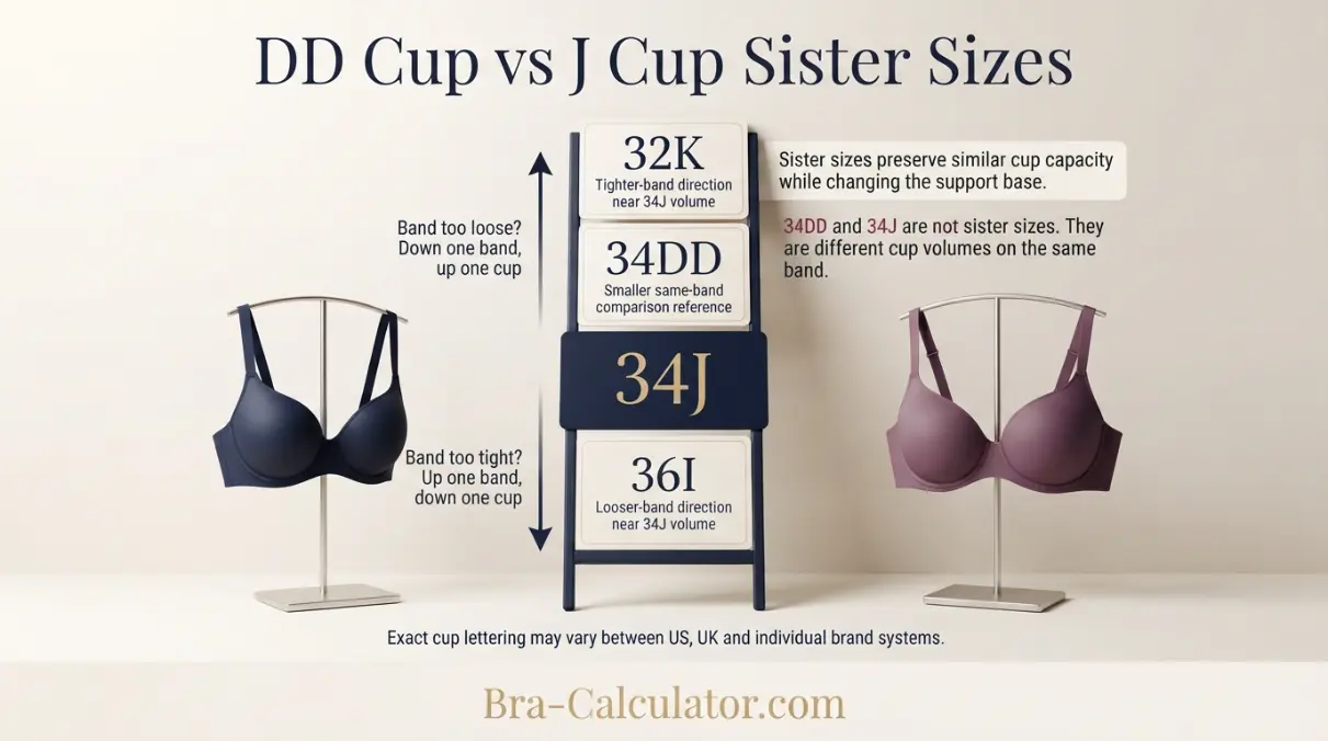 DD Cup vs J Cup sister size ladder showing band and cup adjustments