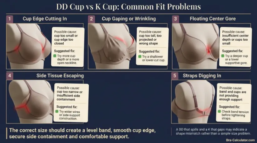 DD Cup vs K Cup fit problem diagram showing gaping spillage floating gore side tissue and strap pressure
