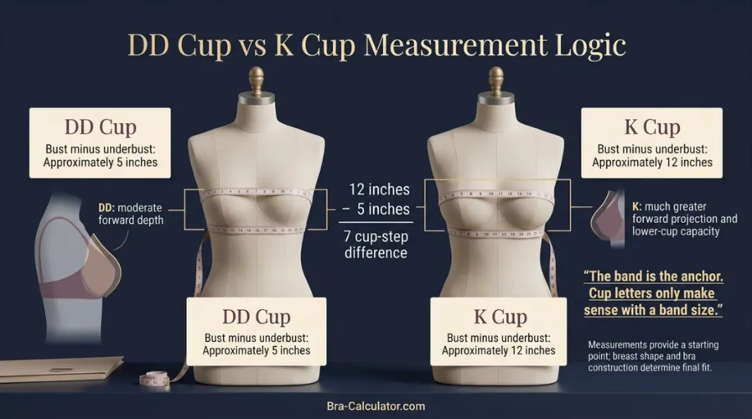 DD Cup vs K Cup measurement diagram showing bust minus underbust cup depth difference