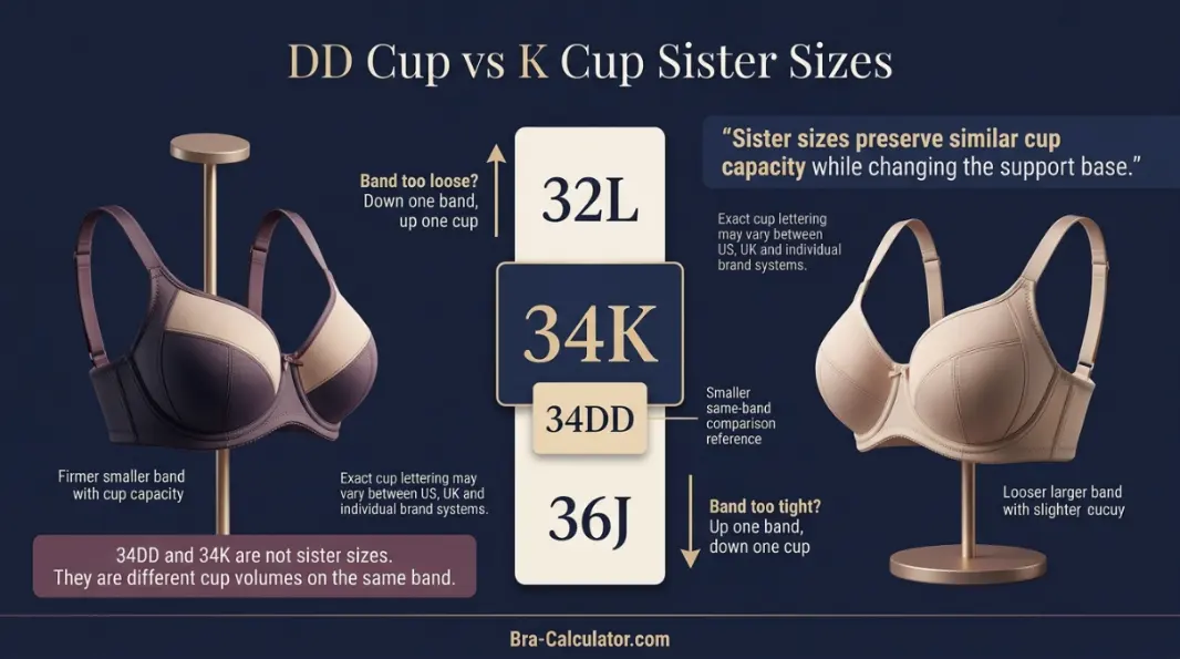 DD Cup vs K Cup sister size ladder showing band and cup adjustments