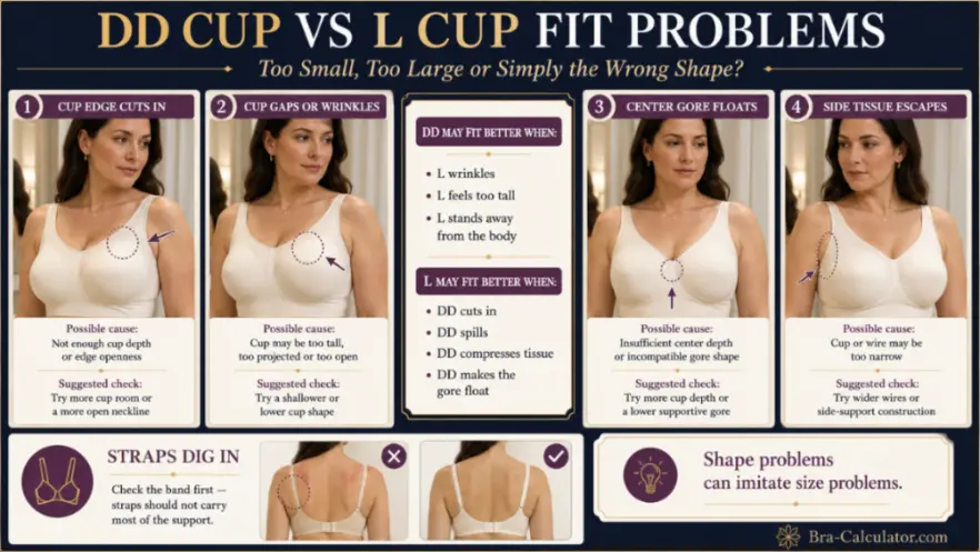DD Cup vs L Cup fit problem diagram showing gaping spillage floating gore side tissue and strap pressure