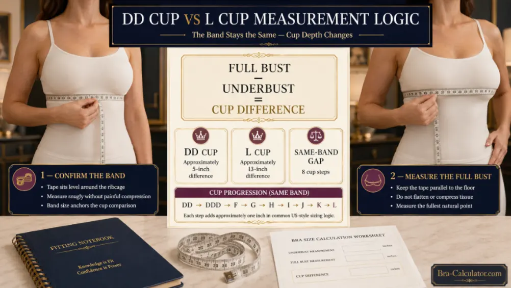DD Cup vs L Cup measurement diagram showing bust minus underbust cup depth difference