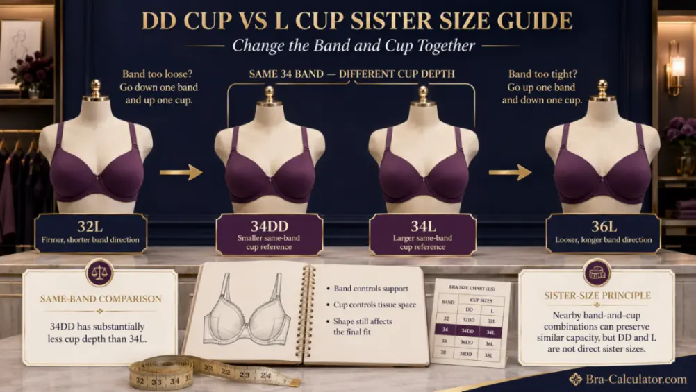 DD Cup vs L Cup sister size ladder showing band and cup adjustments