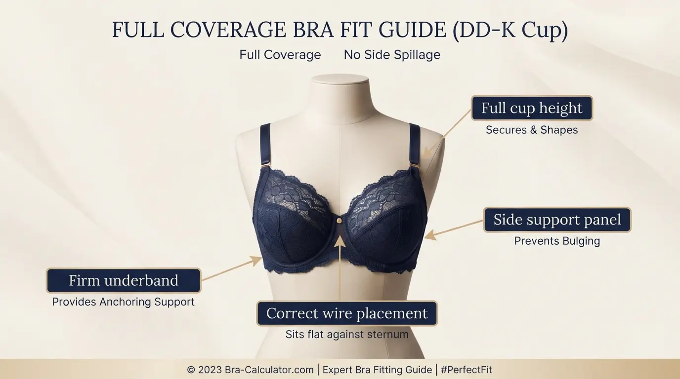 DD plus full coverage bra fit diagram showing cup height side support and wire placement