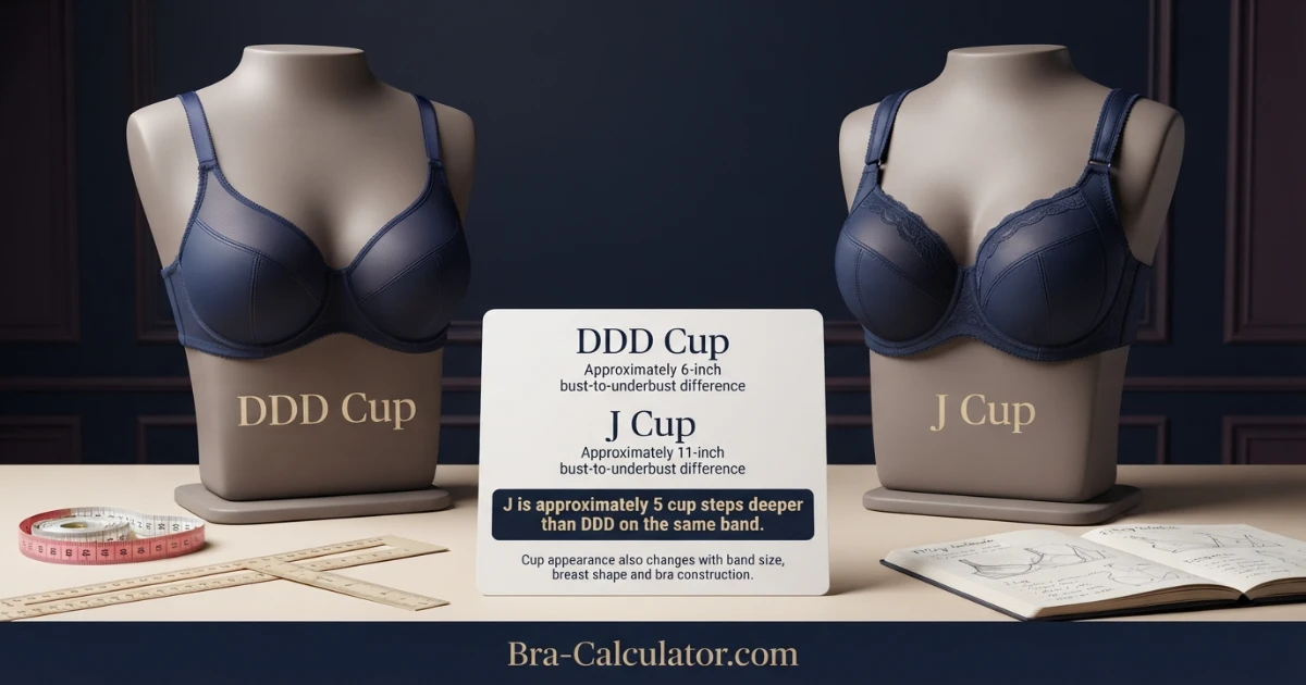 DDD Cup vs J Cup premium comparison hero with measurement tape and navy gold Bra-Calculator branding