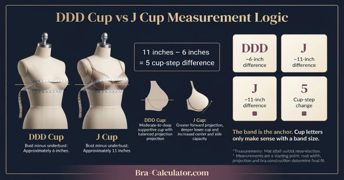 DDD Cup vs J Cup measurement diagram showing bust minus underbust cup depth difference