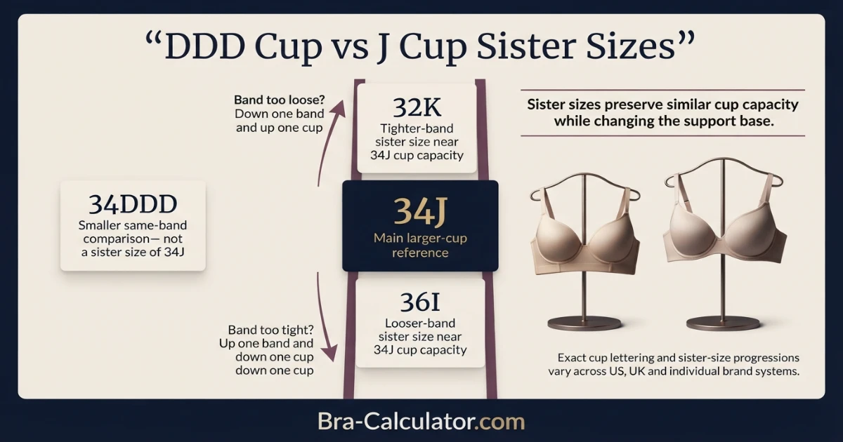 DDD Cup vs J Cup sister size ladder showing band and cup adjustments