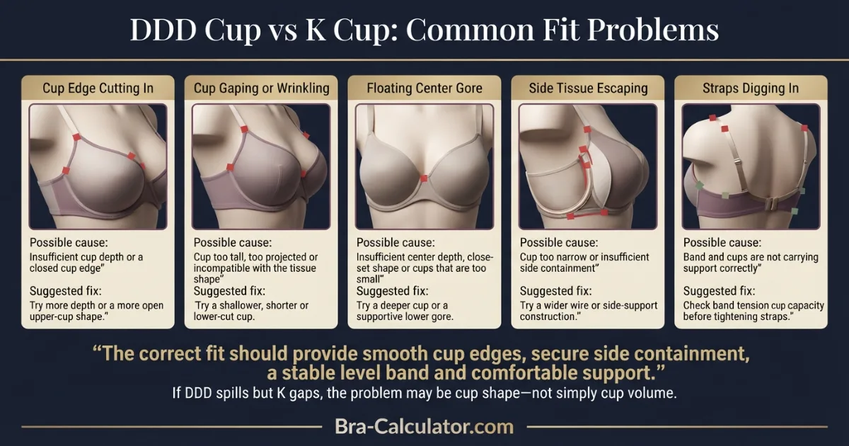 DDD Cup vs K Cup fit problem diagram showing gaping spillage floating gore side tissue and strap pressure