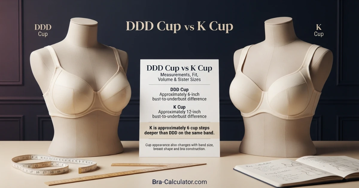 DDD Cup vs K Cup premium comparison hero with measurement tape and navy gold Bra-Calculator branding