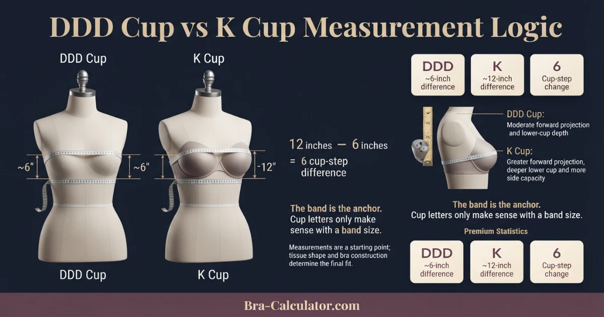 DDD Cup vs K Cup measurement diagram showing bust minus underbust cup depth difference