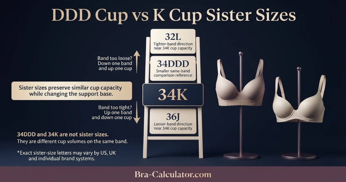 DDD Cup vs K Cup sister size ladder showing band and cup adjustments