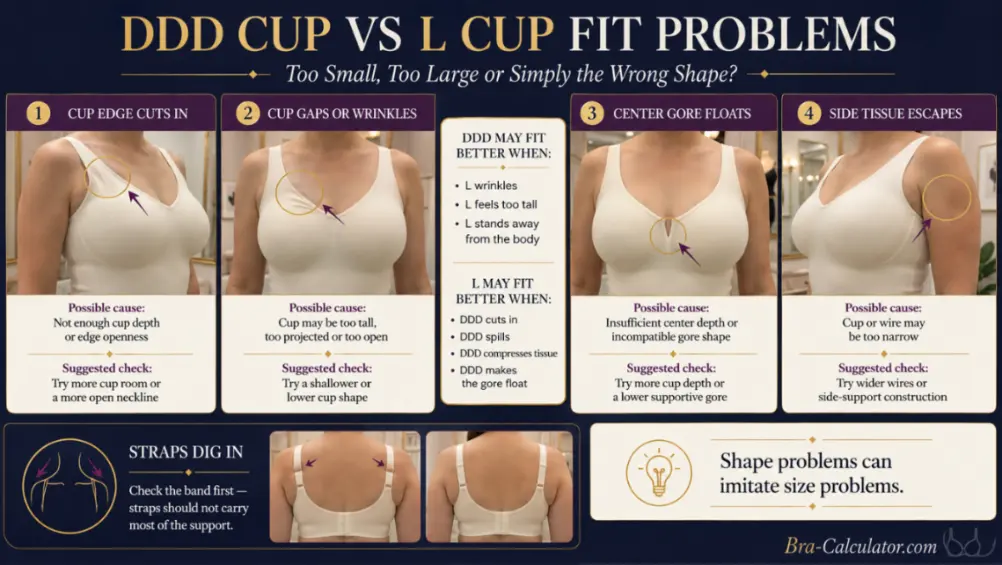 DDD Cup vs L Cup fit problem diagram showing gaping spillage floating gore side tissue and strap pressure