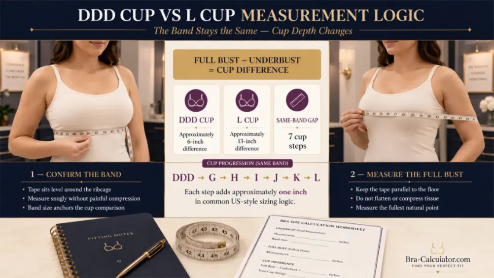 DDD Cup vs L Cup measurement diagram showing bust minus underbust cup depth difference