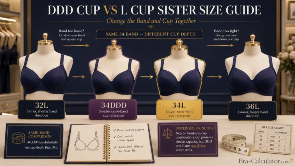 DDD Cup vs L Cup sister size ladder showing band and cup adjustments