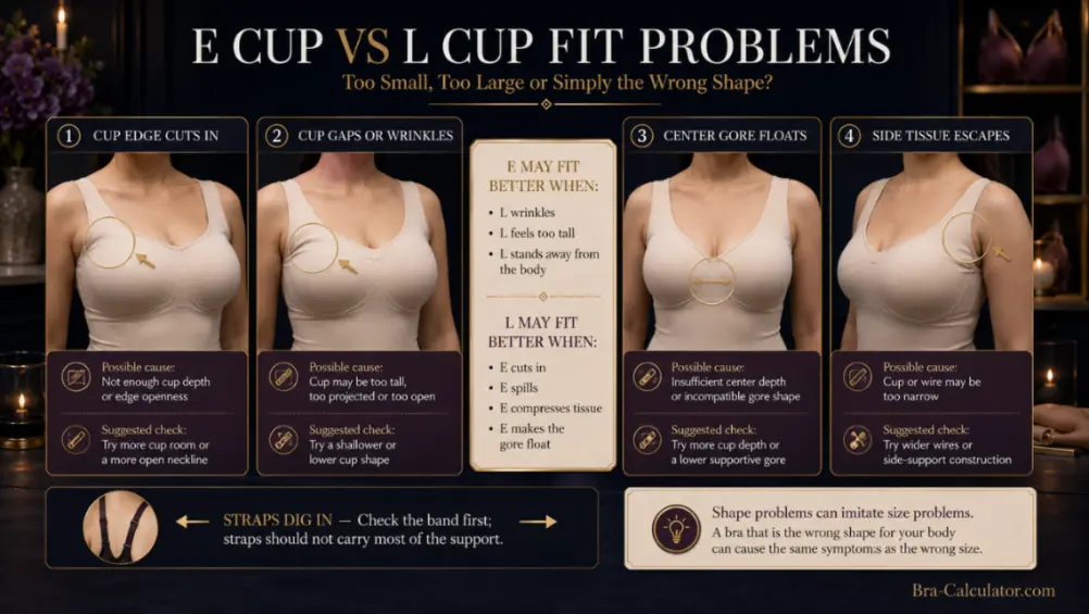 E Cup vs L Cup fit problem diagram showing gaping spillage floating gore side tissue and strap pressure