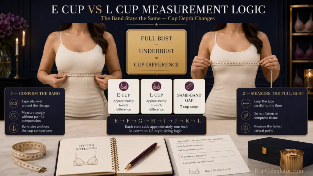 E Cup vs L Cup measurement diagram showing bust minus underbust cup depth difference