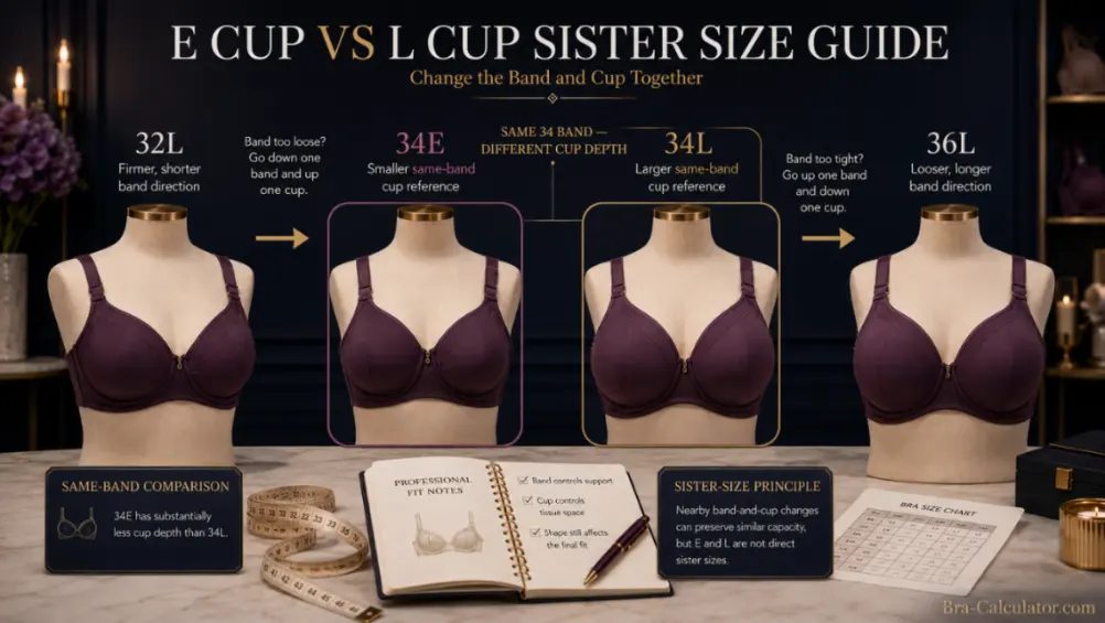 E Cup vs L Cup sister size ladder showing band and cup adjustments