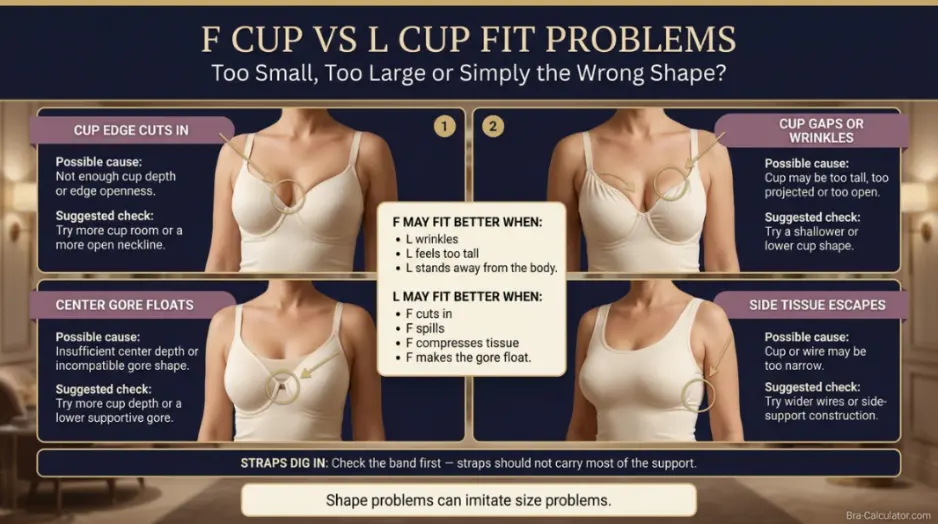 F Cup vs L Cup fit problem diagram showing gaping spillage floating gore side tissue and strap pressure