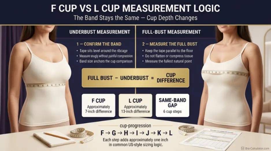 F Cup vs L Cup measurement diagram showing bust minus underbust cup depth difference