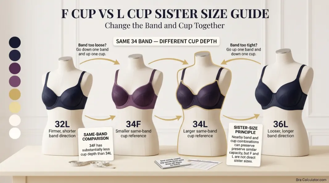 F Cup vs L Cup sister size ladder showing band and cup adjustments