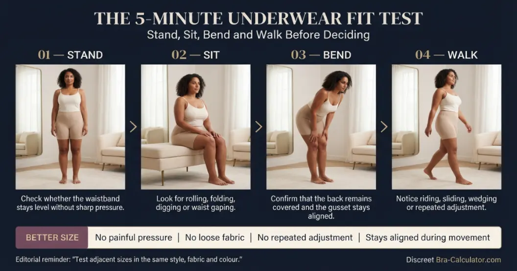 Five-minute underwear fit test showing stand, sit, bend and walk movement checks
