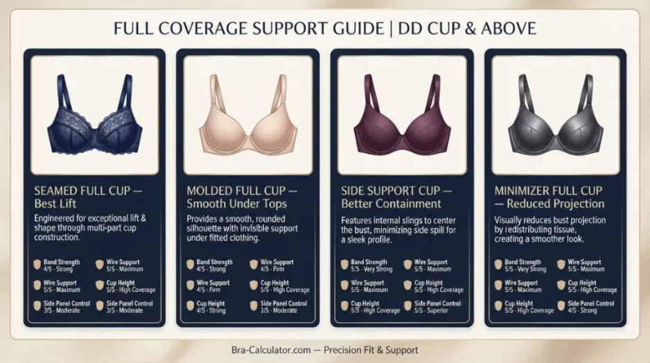 Full coverage DD plus bra comparison chart by support level and cup construction