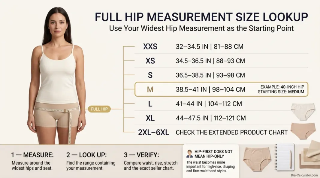 Full hip measurement mapped to panty size ranges