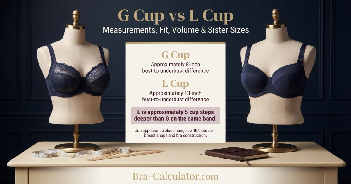 G Cup vs L Cup measurement diagram showing bust minus underbust cup depth difference