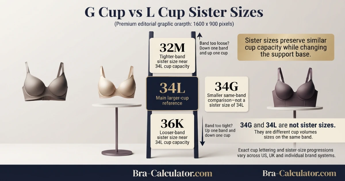 G Cup vs L Cup sister size ladder showing band and cup adjustments