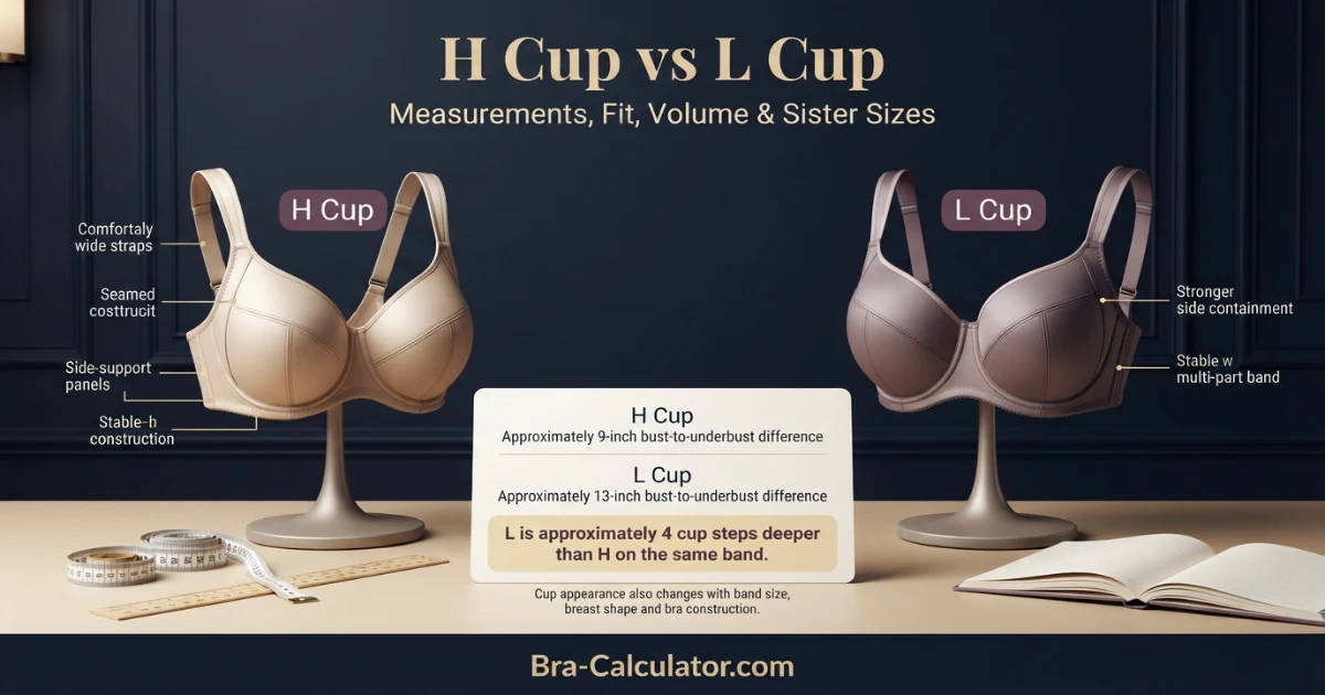 H Cup vs L Cup premium comparison hero with measurement tape and navy gold Bra-Calculator branding