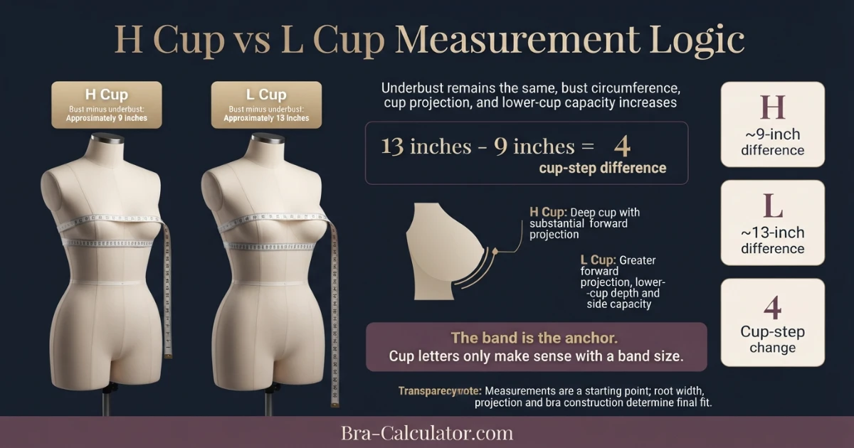 H Cup vs L Cup measurement diagram showing bust minus underbust cup depth difference
