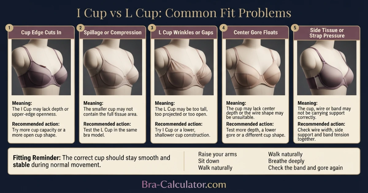 I Cup vs L Cup fit problem diagram showing gaping spillage floating gore side tissue and strap pressure