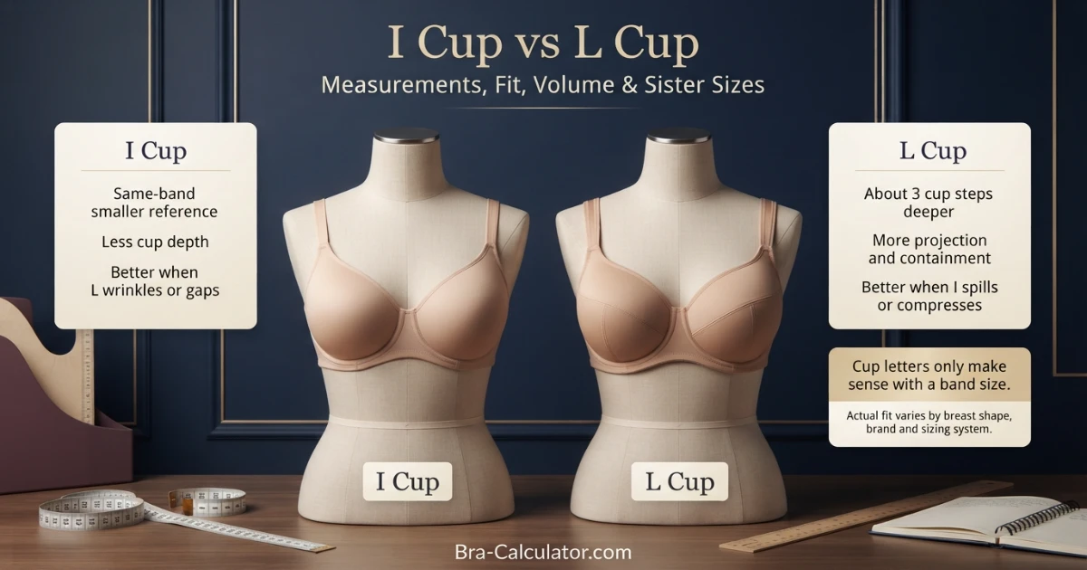 I Cup vs L Cup premium comparison hero with measurement tape and navy gold Bra-Calculator branding