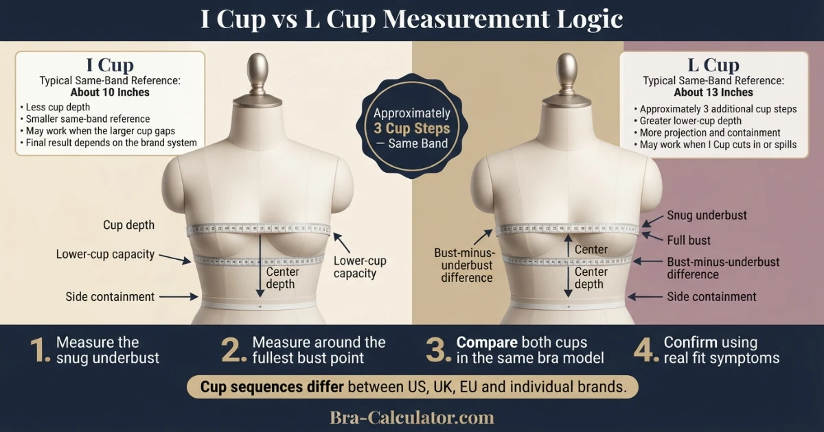I Cup vs L Cup measurement diagram showing bust minus underbust cup depth difference
