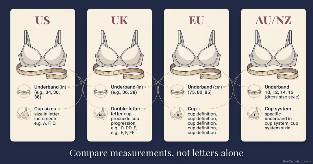 International bra sizing systems used in average bra size comparisons