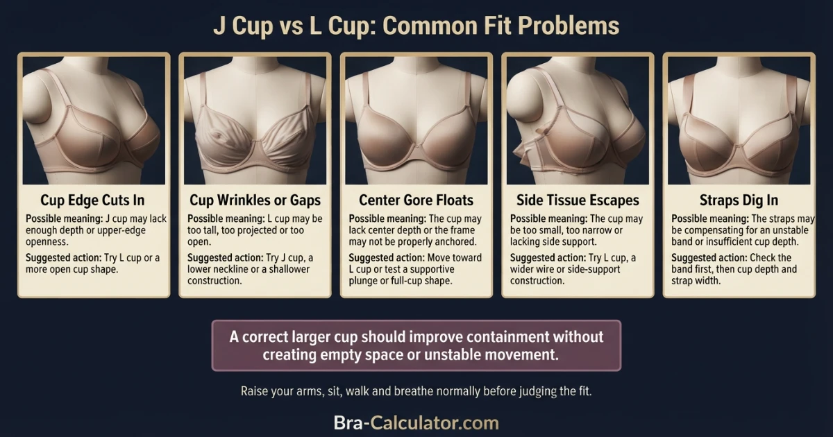 J Cup vs L Cup fit problem diagram showing gaping spillage floating gore side tissue and strap pressure