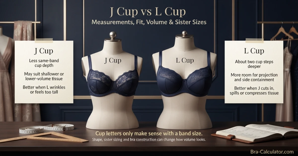 J Cup vs L Cup premium comparison hero with measurement tape and navy gold Bra-Calculator branding