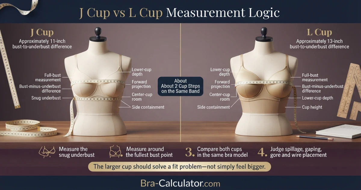J Cup vs L Cup measurement diagram showing bust minus underbust cup depth difference