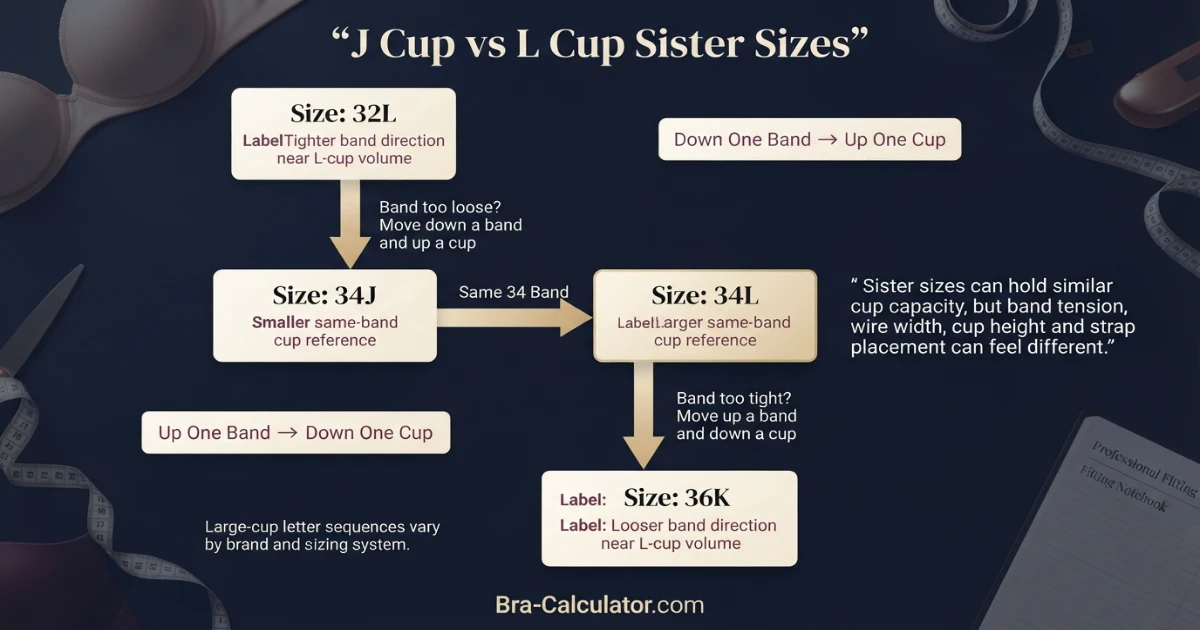J Cup vs L Cup sister size ladder showing band and cup adjustments