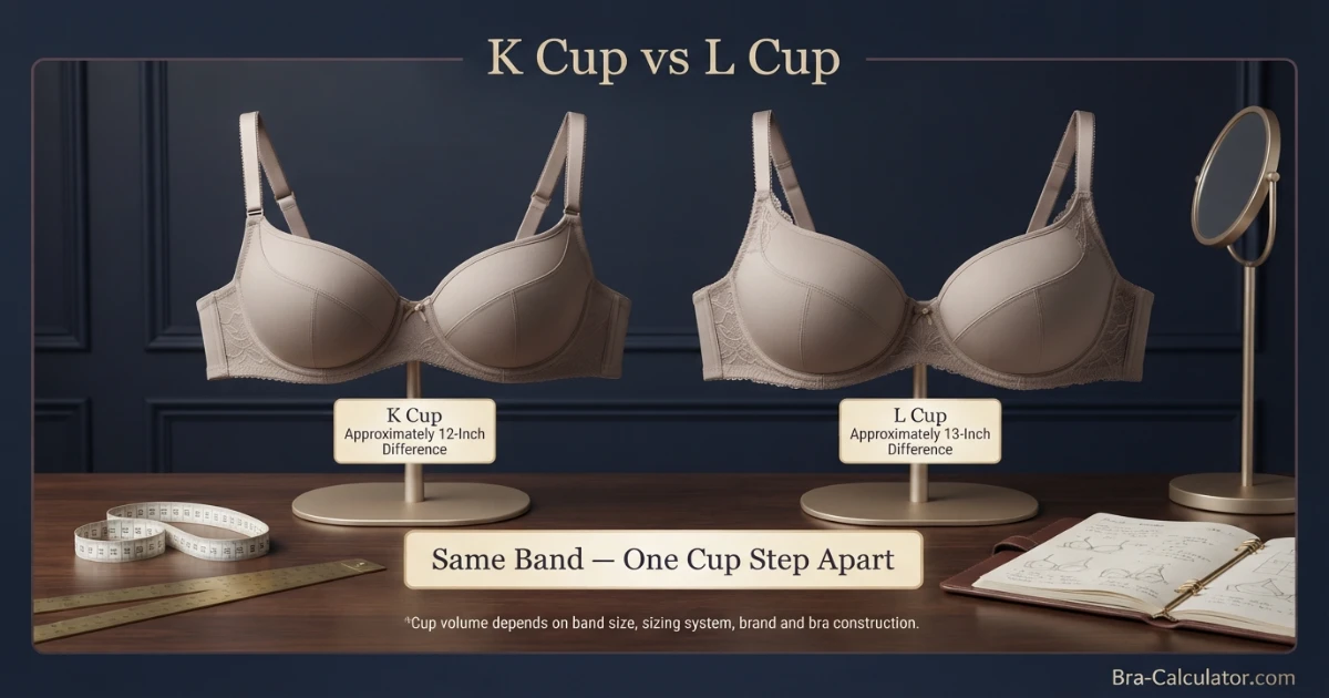 K Cup vs L Cup premium comparison hero with measurement tape and navy gold Bra-Calculator branding