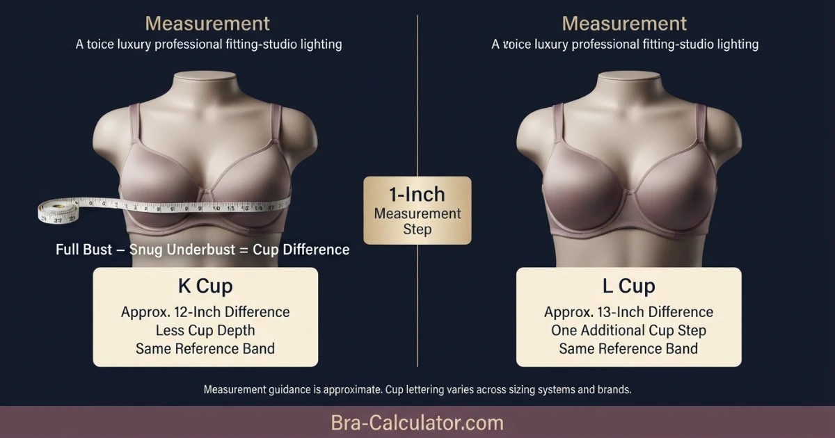 K Cup vs L Cup measurement diagram showing bust minus underbust cup depth difference