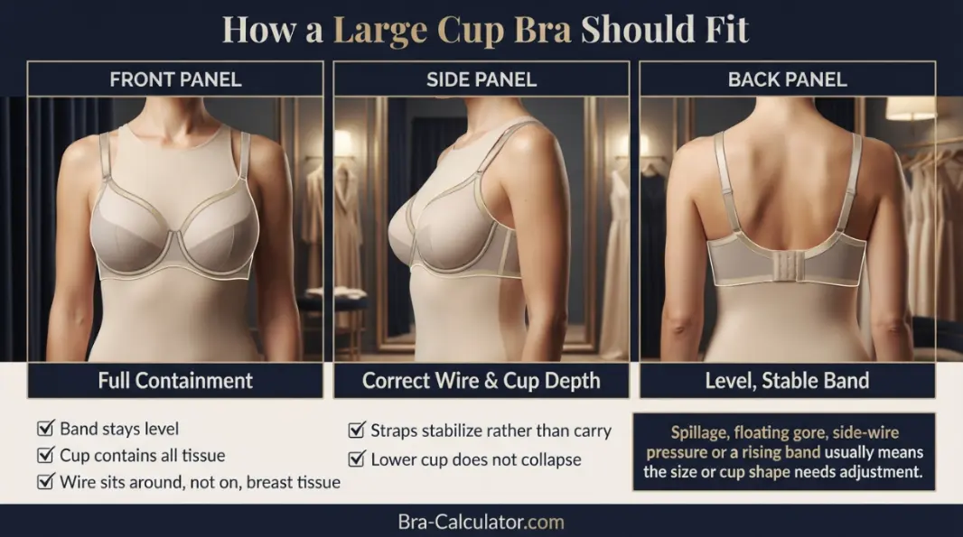 Large cup bra fit guide showing stable band full containment wire position and supportive straps