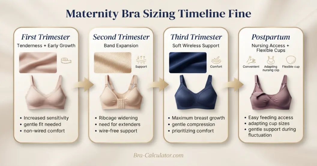 Maternity bra sizing timeline diagram from first trimester to postpartum nursing