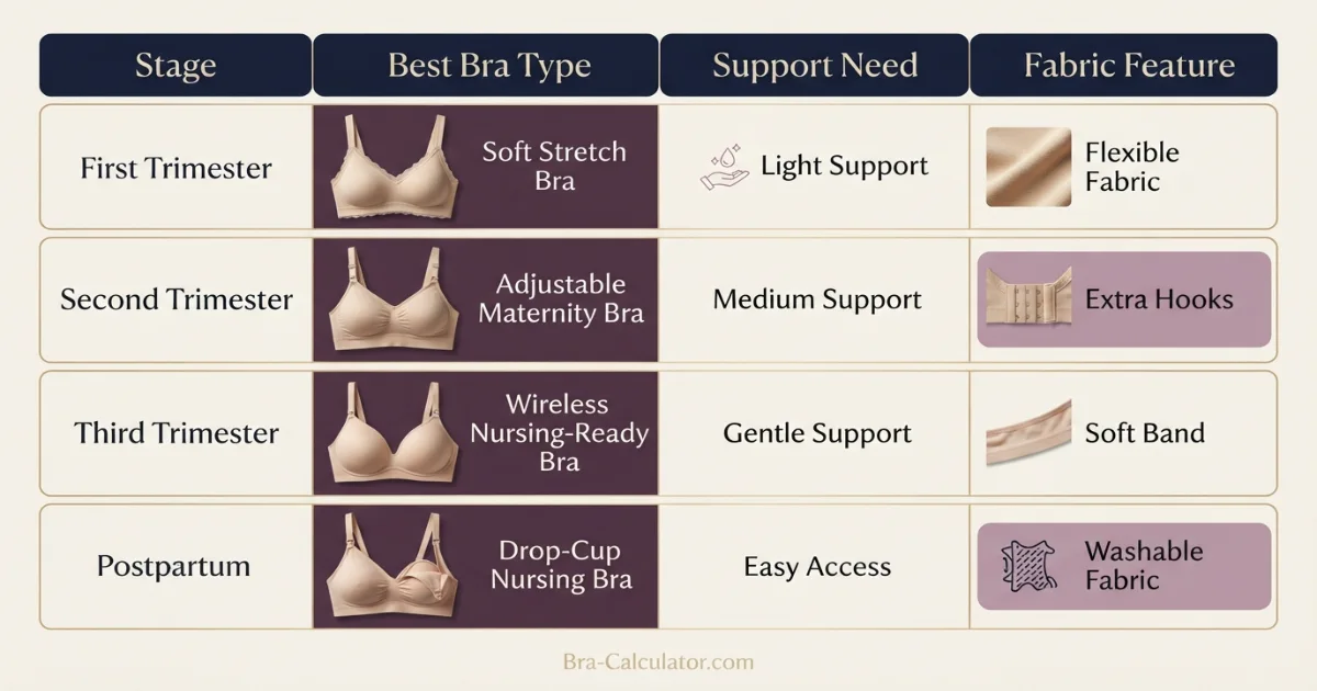 Maternity and nursing bra comparison chart by trimester support and fabric type