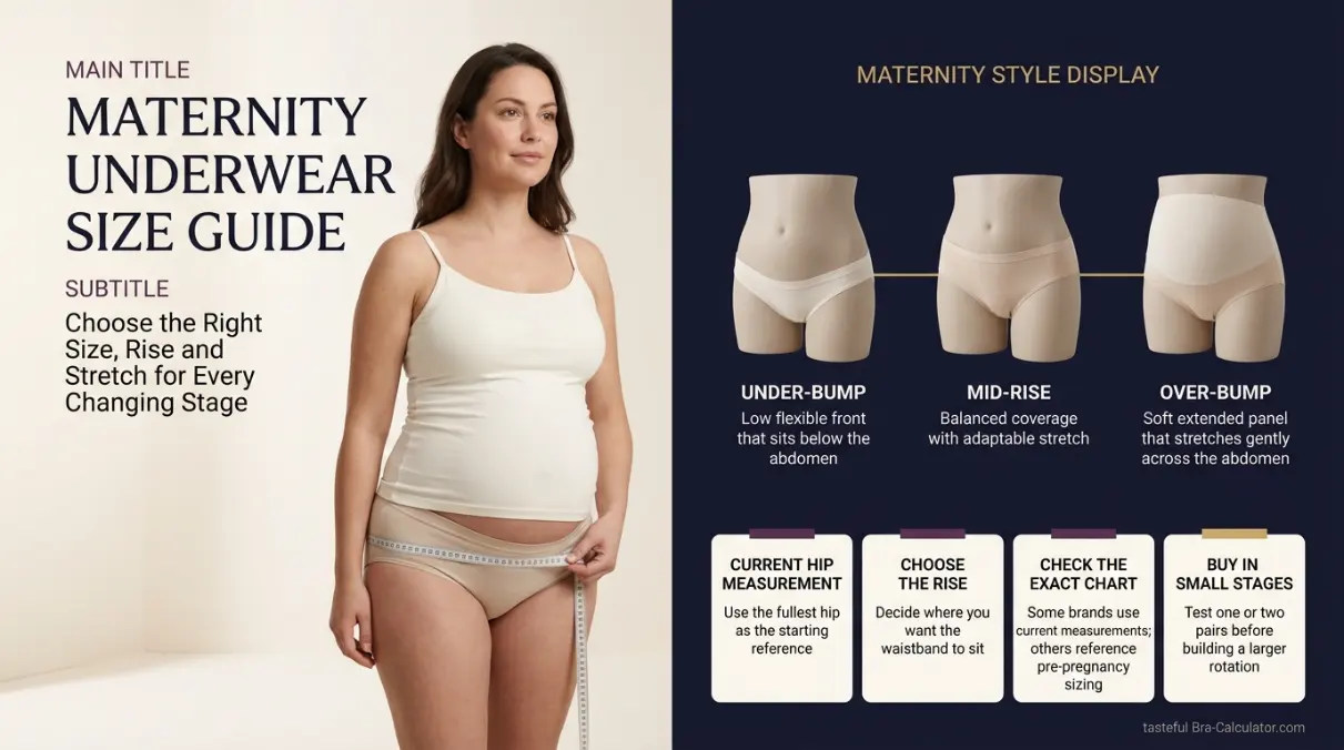 Maternity underwear size guide comparing under bump and over bump rises