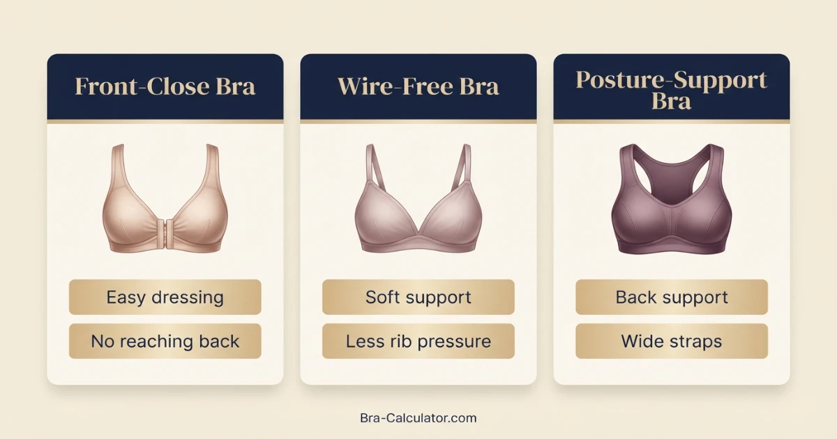 Comfort bra comparison chart for older women by closure support and fabric softness